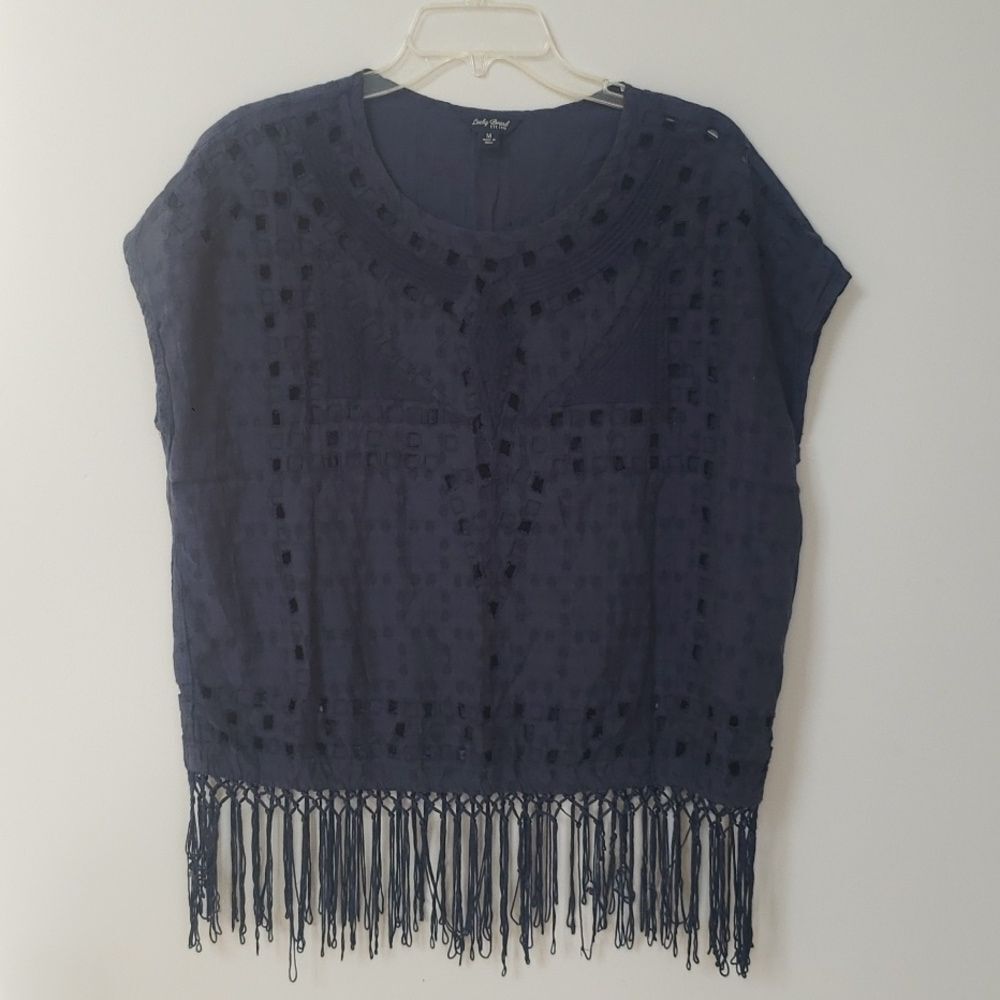Lucky Brand Top Womens Cut Out Fringed Indigo Hippie Bohemian Peasant